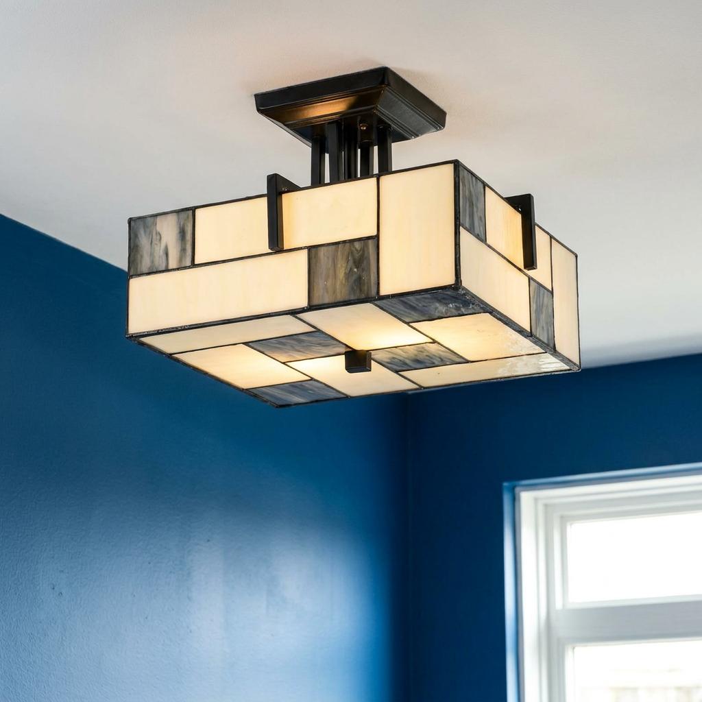 Manchester semi-flush Tiffany ceiling light with square geometric cream and grey stained glass panels.