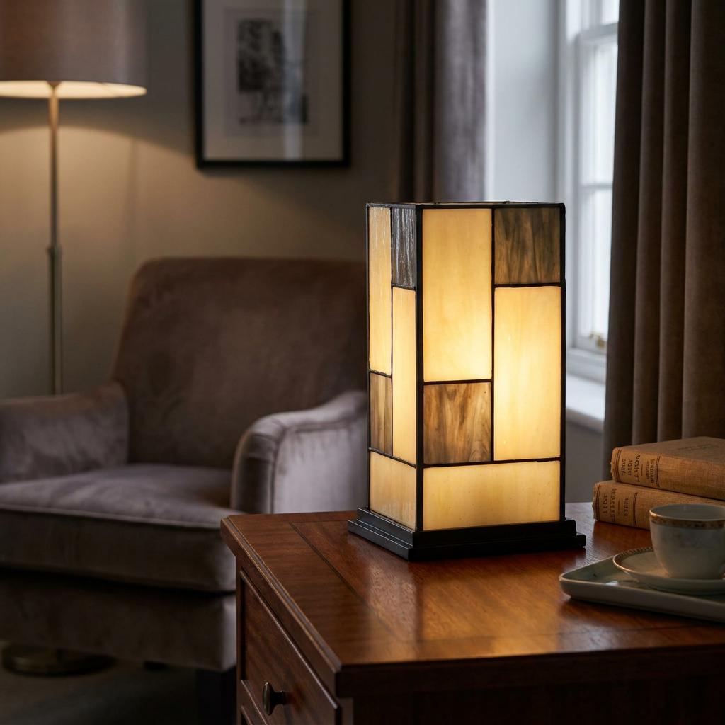 Geometric Tiffany table lamp with cream and grey panels glowing on a wooden chest in a cozy living room.