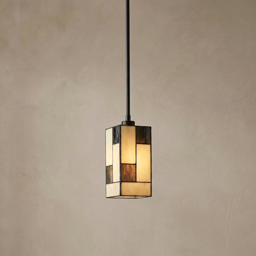Rectangular Tiffany pendant light with cream and dark grey geometric glass panels hanging from a black rod.