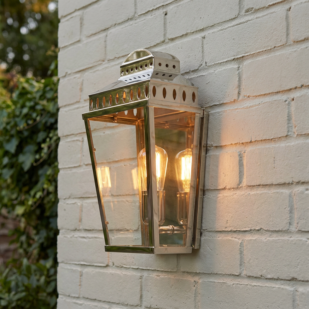 Polished nickel outdoor lantern wall light with glowing filament bulbs on a white brick wall.
