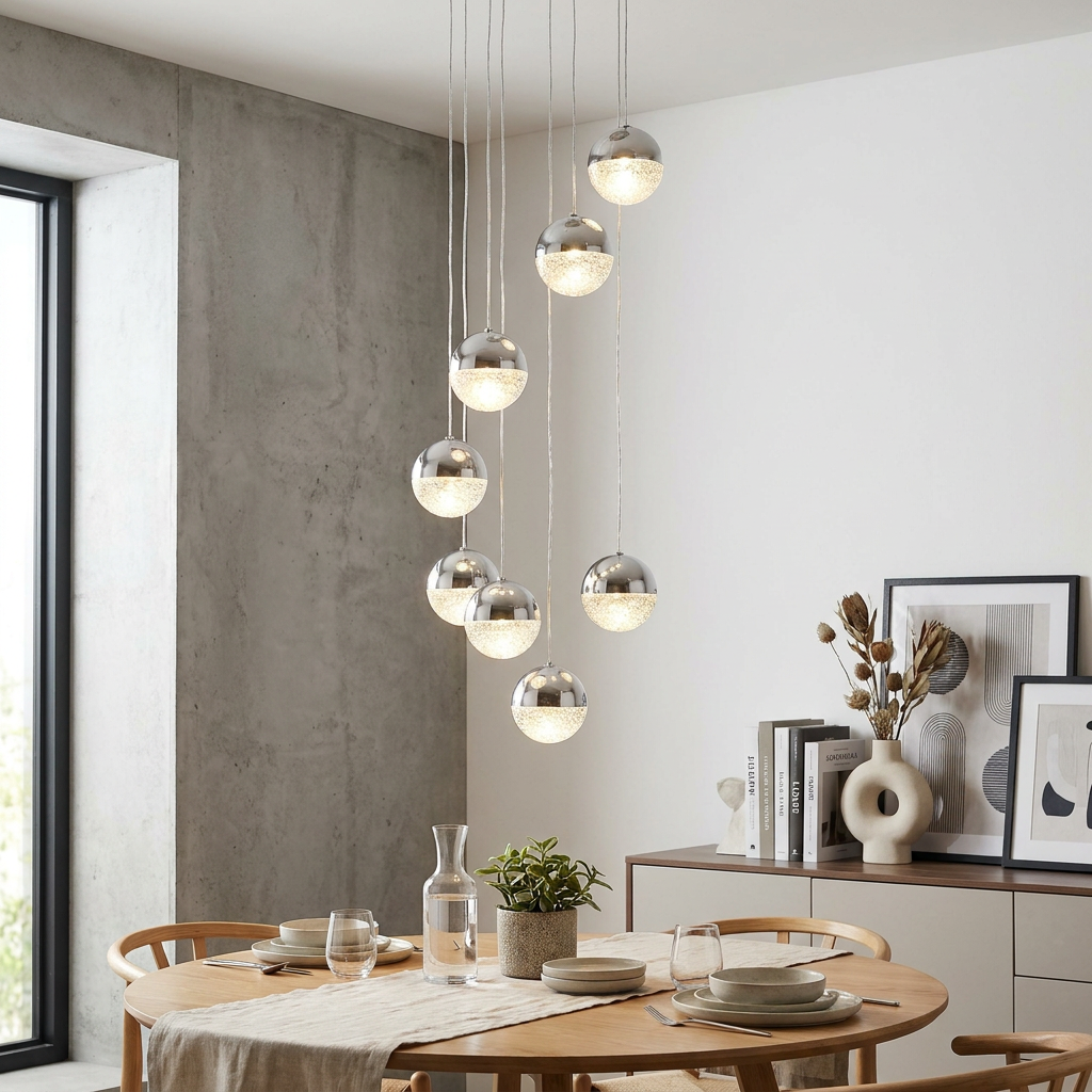 Eight chrome and bubble acrylic globe pendant lights suspended at varying heights over a contemporary dining table.