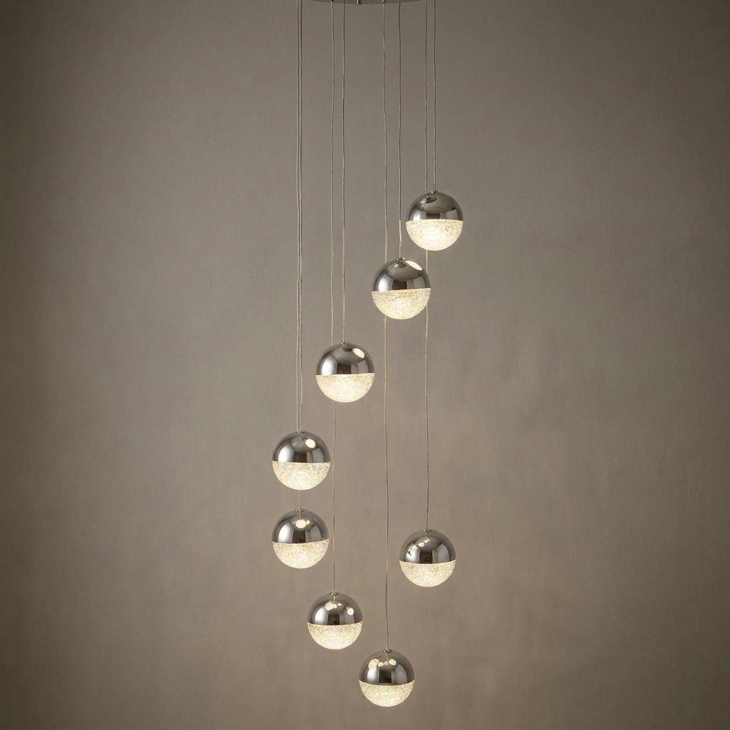 Marbles 8 light LED pendant featuring chrome and seeded acrylic globes in a tiered cluster arrangement.