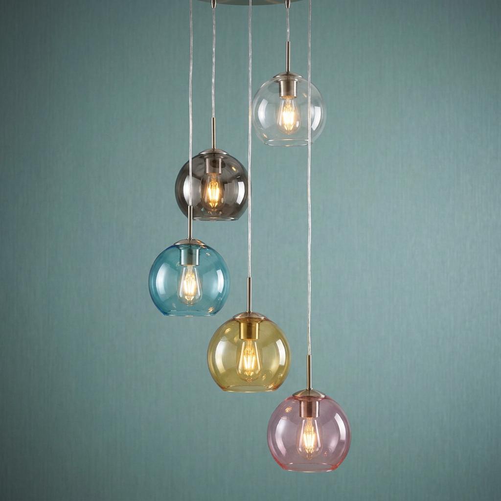 Five staggered multi-colored glass globe pendant lights glowing against a textured teal wall.