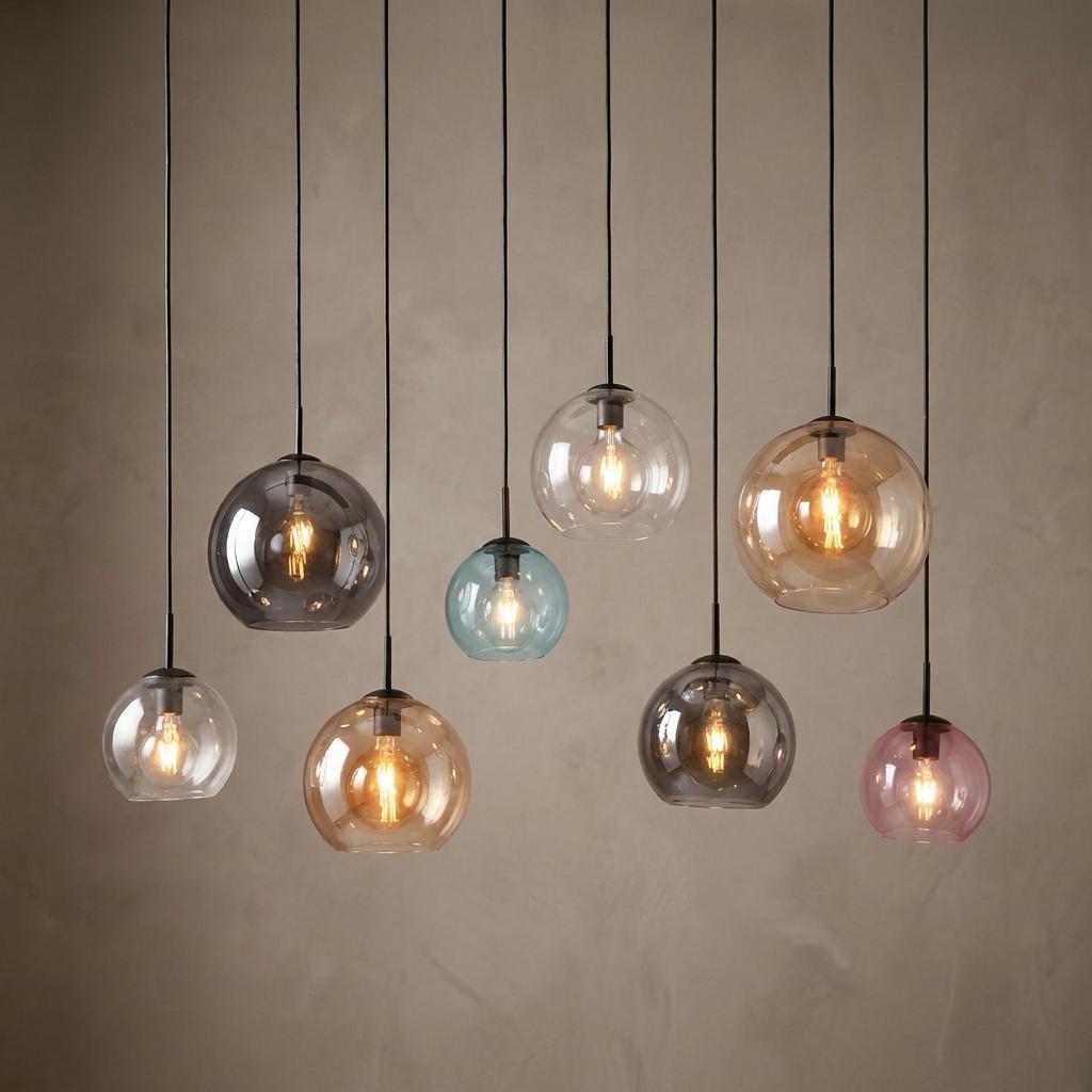 Staggered multi-colored glass globe pendant lights with warm glowing bulbs against a textured wall.