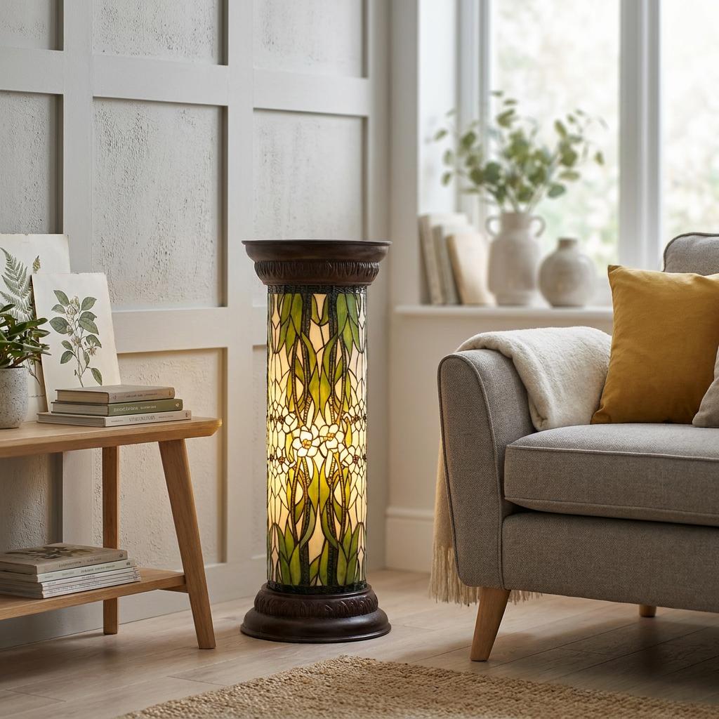 Stained glass floral column lamp glowing in a cozy living room next to a grey sofa.