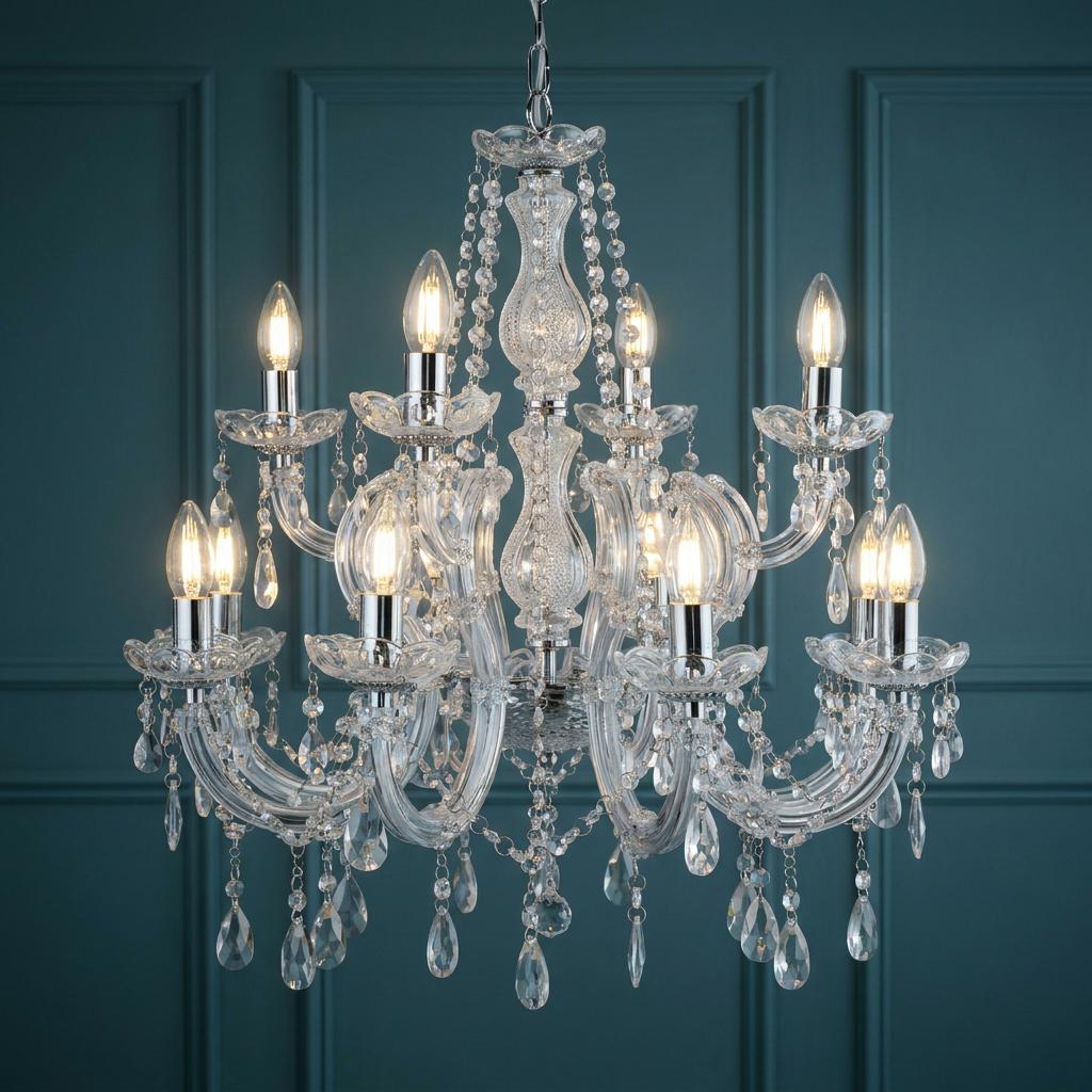 Marie Therese 12-light crystal glass and chrome chandelier hanging against a dark teal paneled wall.