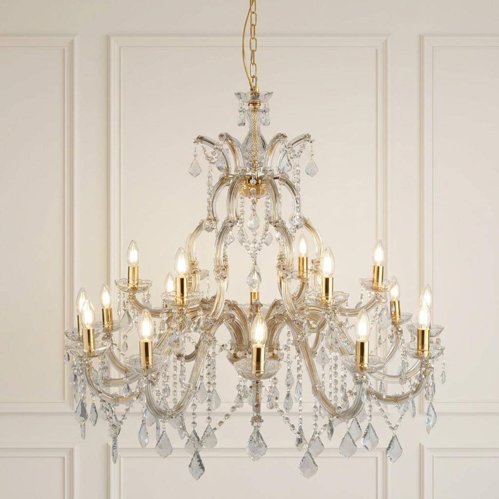 Marie Therese 18-light chandelier with brass frame and clear crystal glass pendants against a white paneled wall.