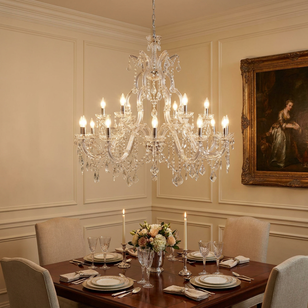 Ornate 18-light Marie Therese crystal chandelier illuminates a classic dining room with a set table.