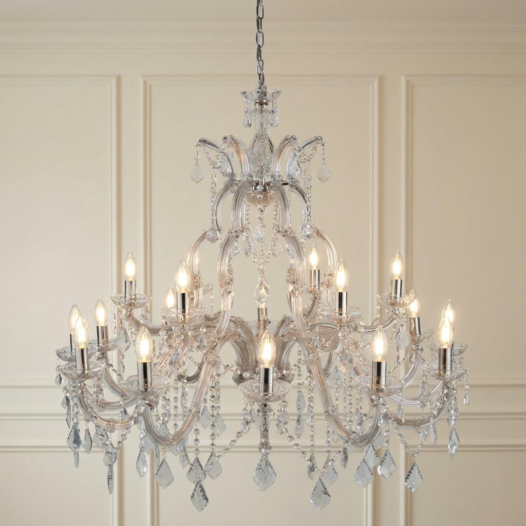 Ornate Marie Therese 18-light chandelier with clear crystal arms and glowing bulbs against a cream paneled wall.