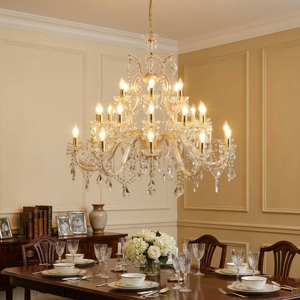Ornate Marie Therese 30 light brass and crystal glass chandelier illuminated above a formal dining table.