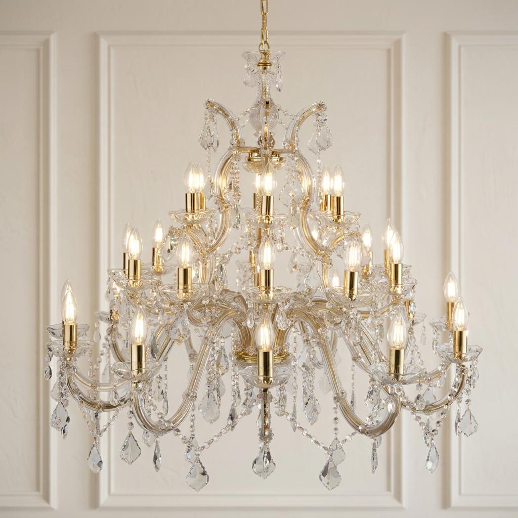 Ornate Marie Therese 30 light brass chandelier with clear crystal drops against a white paneled wall.