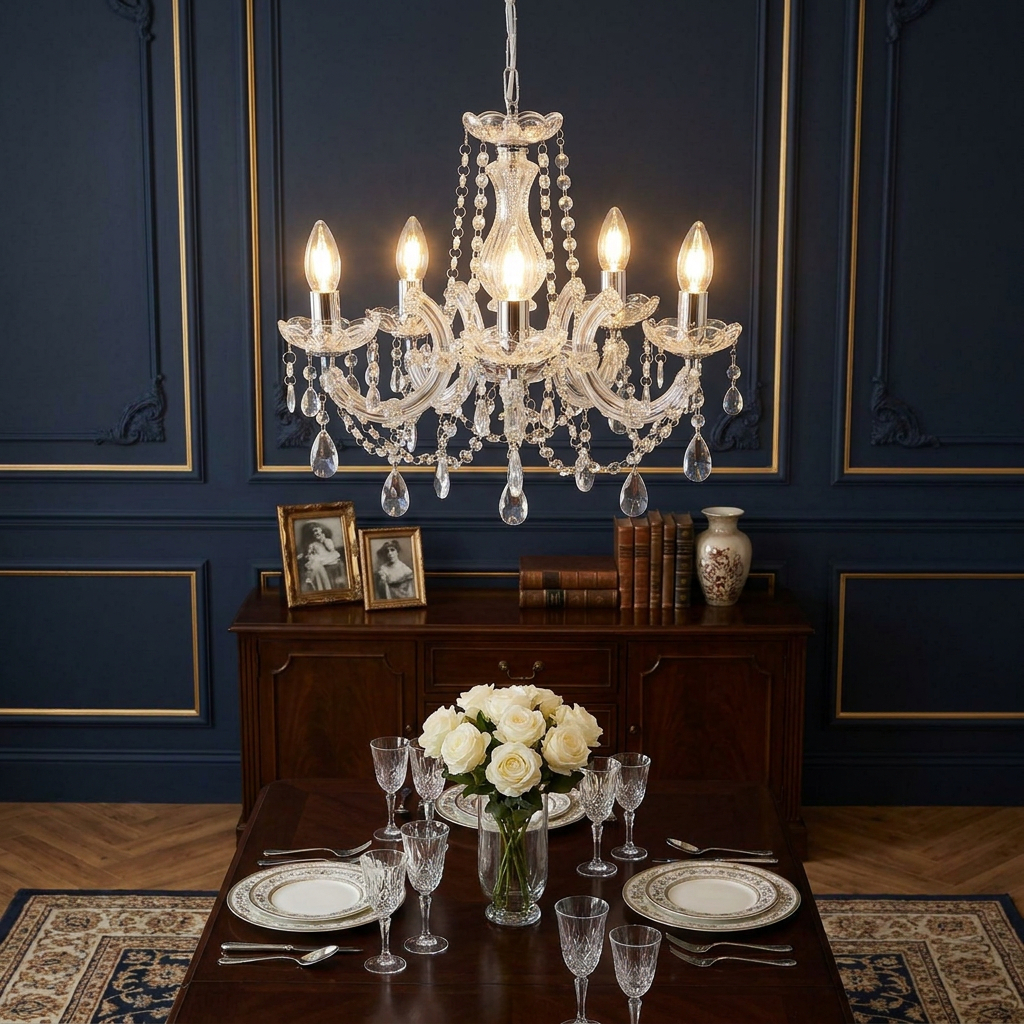 Marie Therese 5-light crystal chandelier hanging over a formal dining table with white roses and dark blue walls.