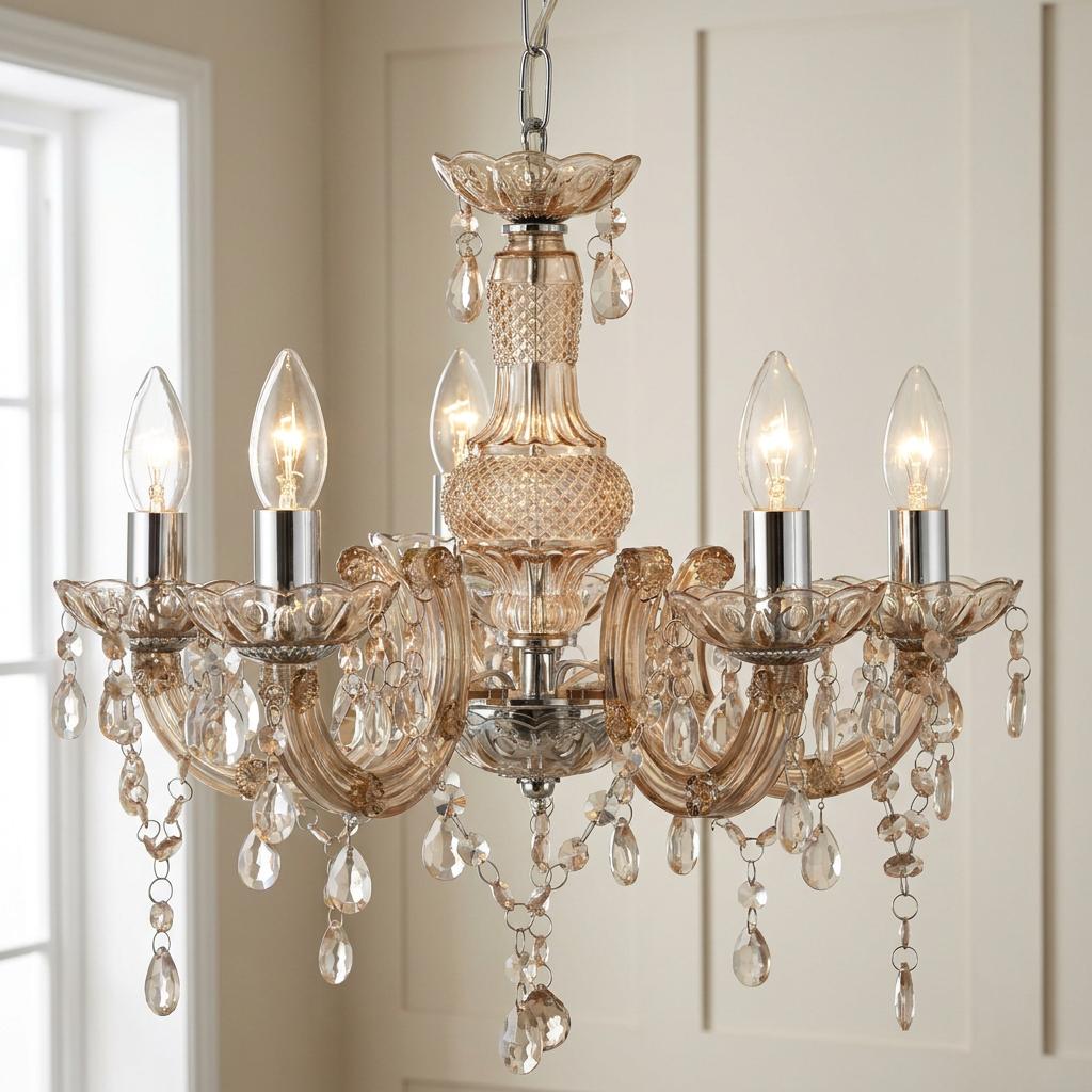Five-light mink glass chandelier with crystal drops and lit candle bulbs against a neutral wall.