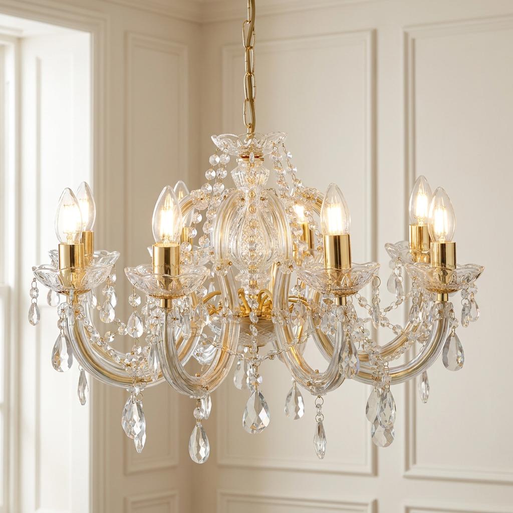 Marie Therese 8-light brass and clear crystal chandelier with teardrop droplets against a paneled wall.