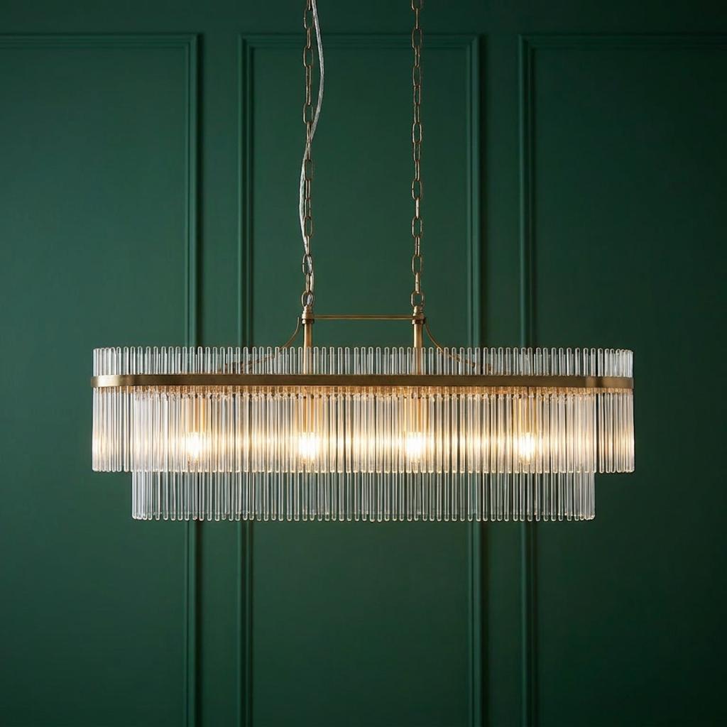 Marietta brass linear pendant light with two tiers of glass rods glowing against a dark green paneled wall.
