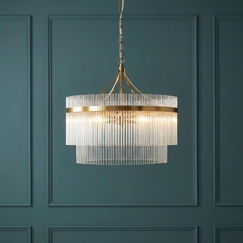 Marietta Brass 5 Light Ceiling Pendant with two tiers of glass rods against a teal panelled wall.