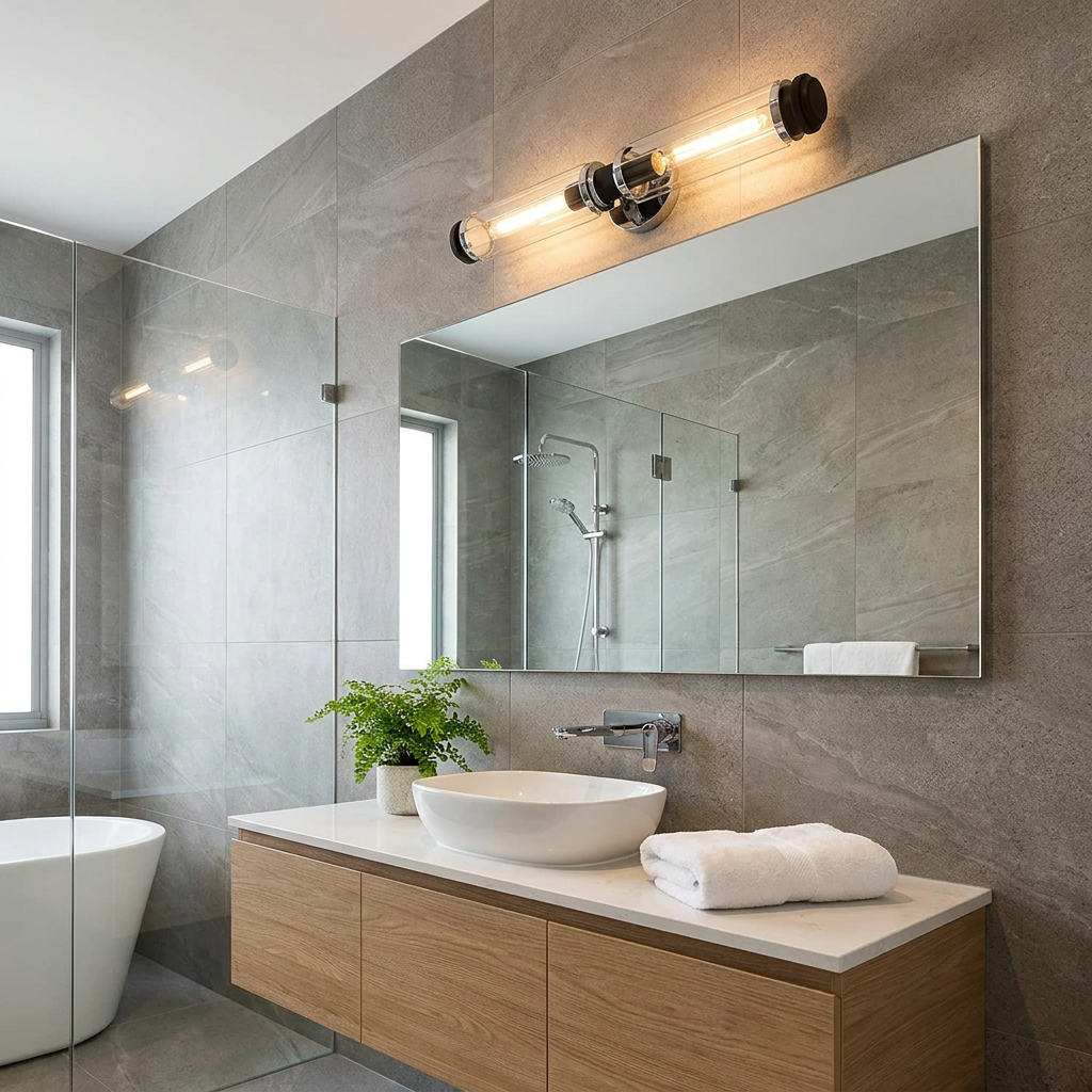 Masthead double polished chrome and black wall light illuminated above a large mirror in a modern tiled bathroom.
