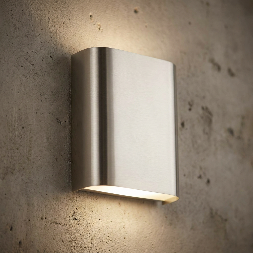Satin silver curved LED wall washer mounted on a textured concrete wall casting light up and down.