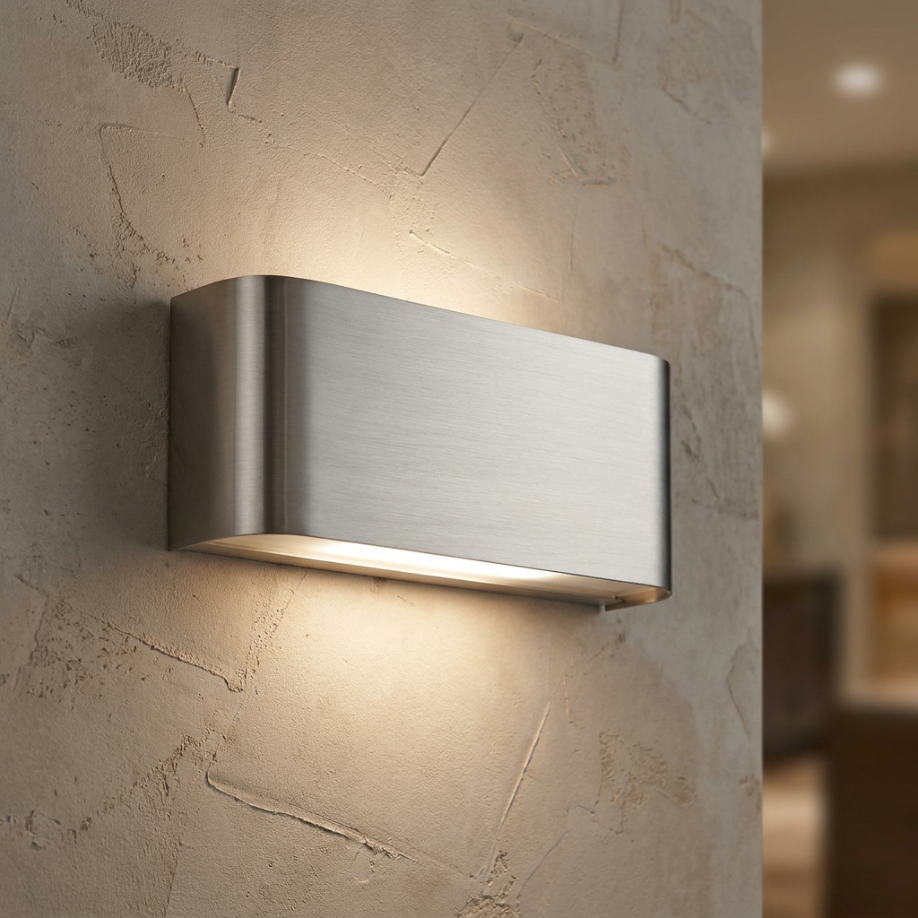 Brushed silver up and down wall light mounted on a textured neutral wall, casting a warm glow.