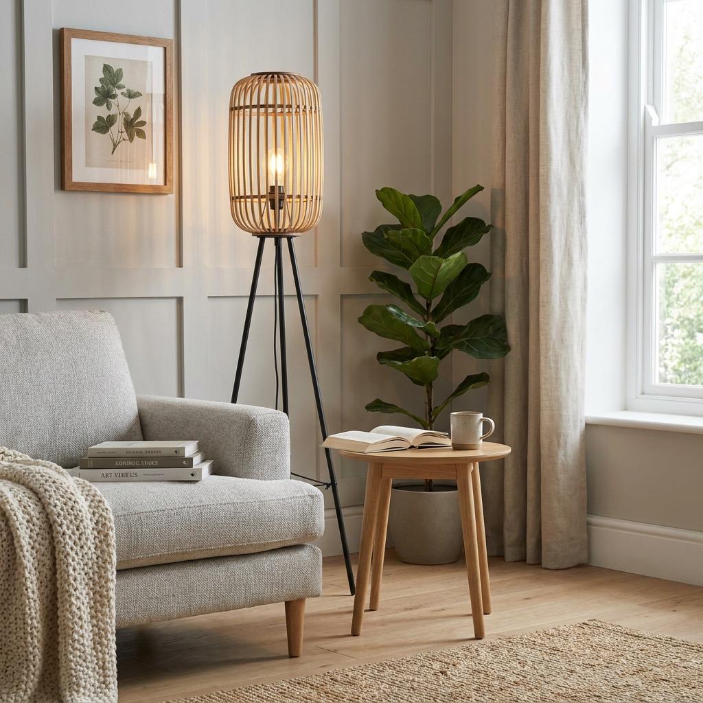Mathias Black Tripod Floor Lamp with a slatted bamboo shade in a neutral living room setting.