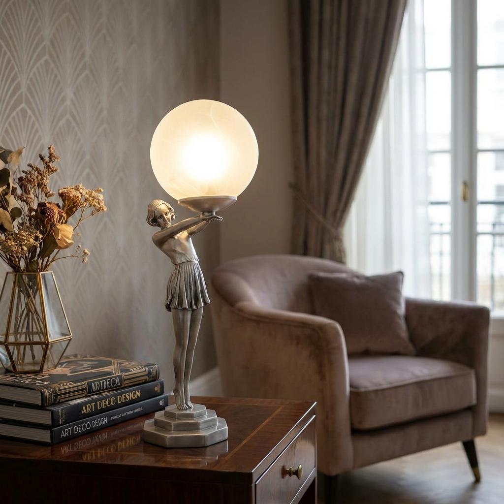 Art Deco silver figurine table lamp holding a glowing orb on a wooden table in a living room.