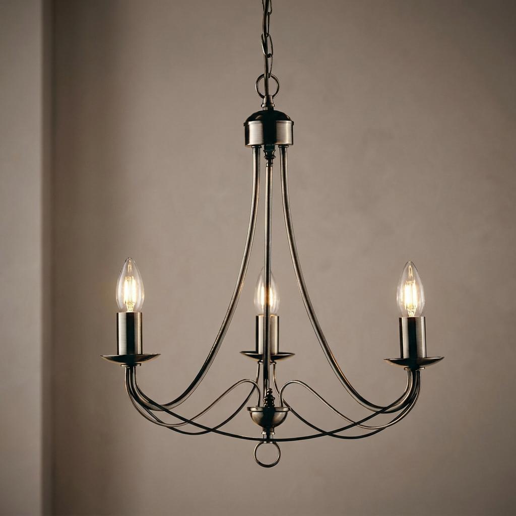 Antique brass ceiling pendant with three candle-style lights and elegant curved arms.