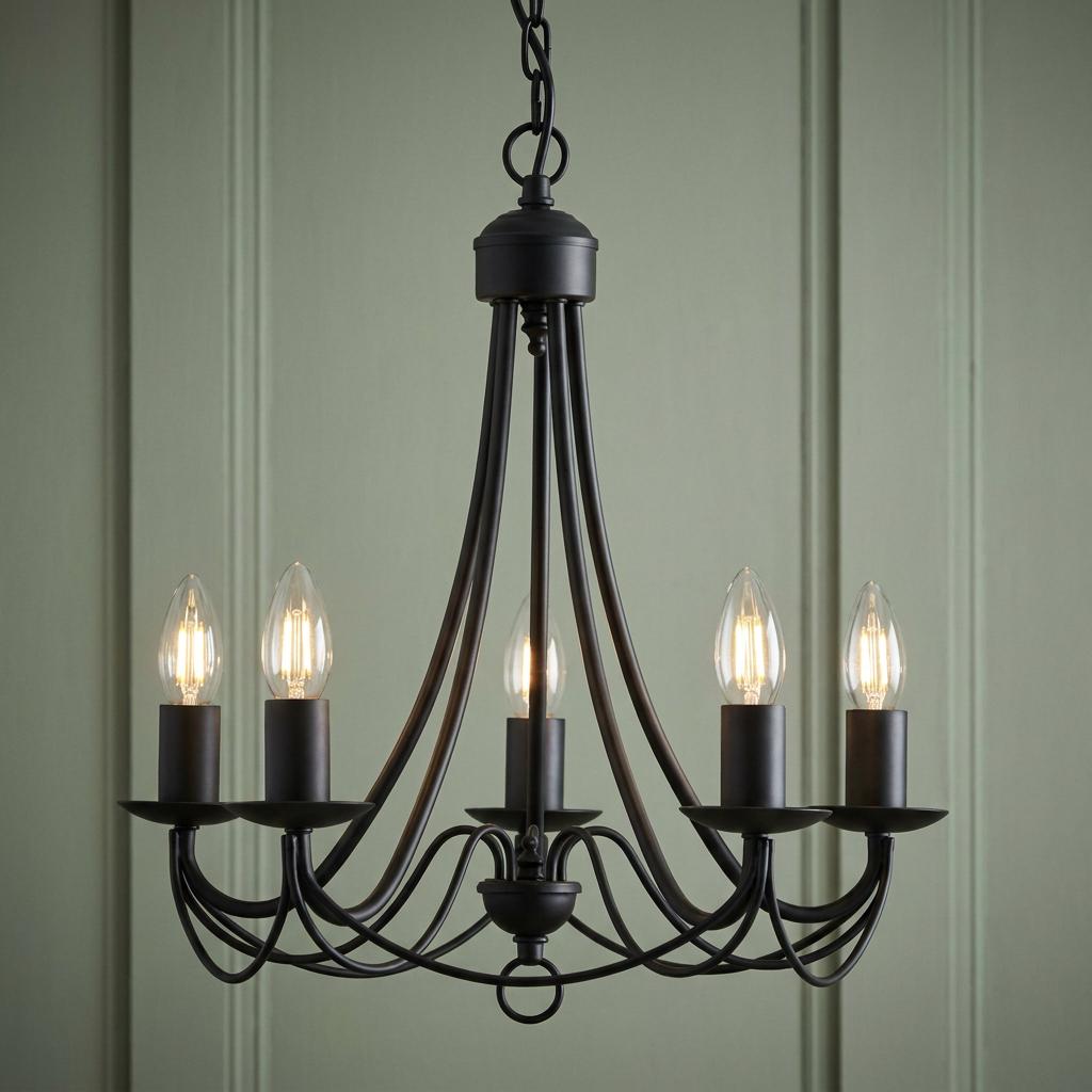 Five-light matt black wrought iron chandelier with elegant curved arms against a green paneled wall.