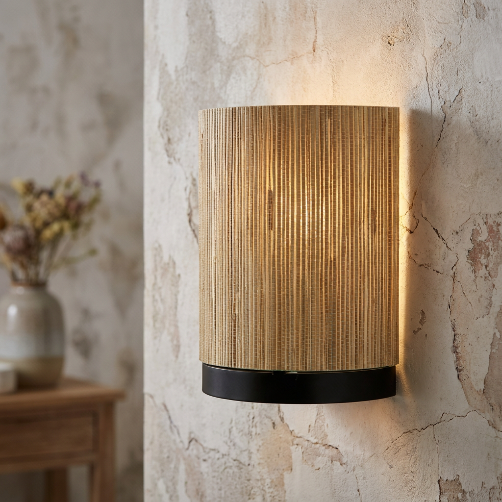 A wall lamp with a natural grass shade and black metal base glows warmly against a textured, rustic wall.