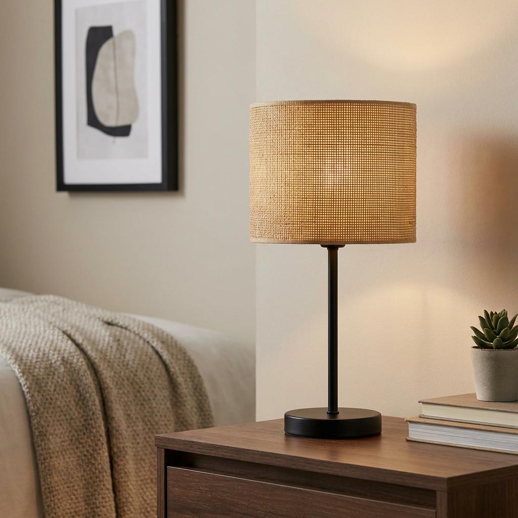 A matt black table lamp with a woven natural grass shade illuminated on a wooden nightstand in a bedroom.