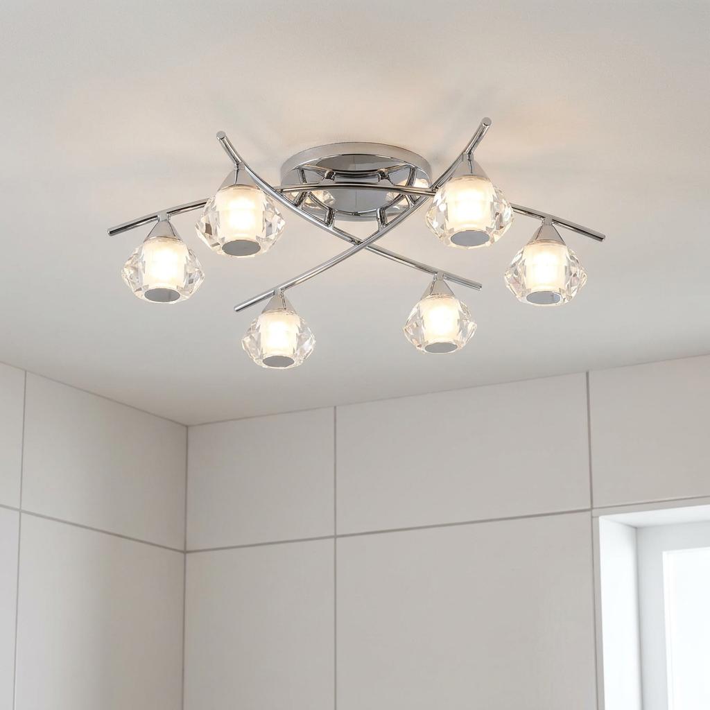 Meissa chrome 6-light semi-flush ceiling light with faceted glass shades mounted on a white bathroom ceiling.