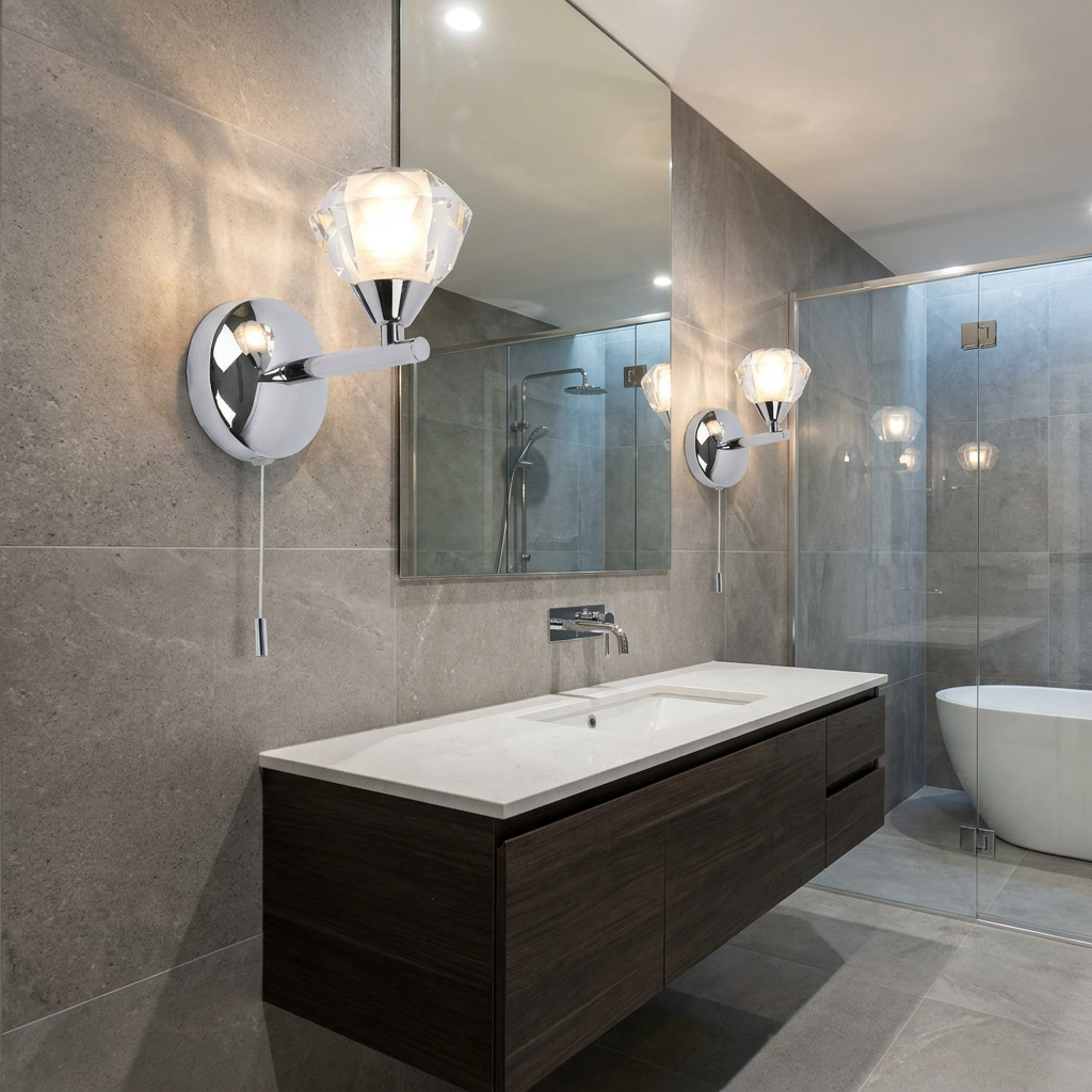 Chrome wall light with a diamond glass shade and pull cord mounted on a grey tiled bathroom wall.
