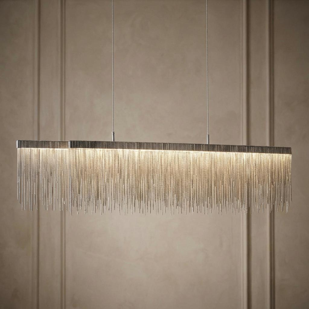 Linear satin silver pendant light featuring a shimmering curtain of delicate metal chains against a neutral wall.