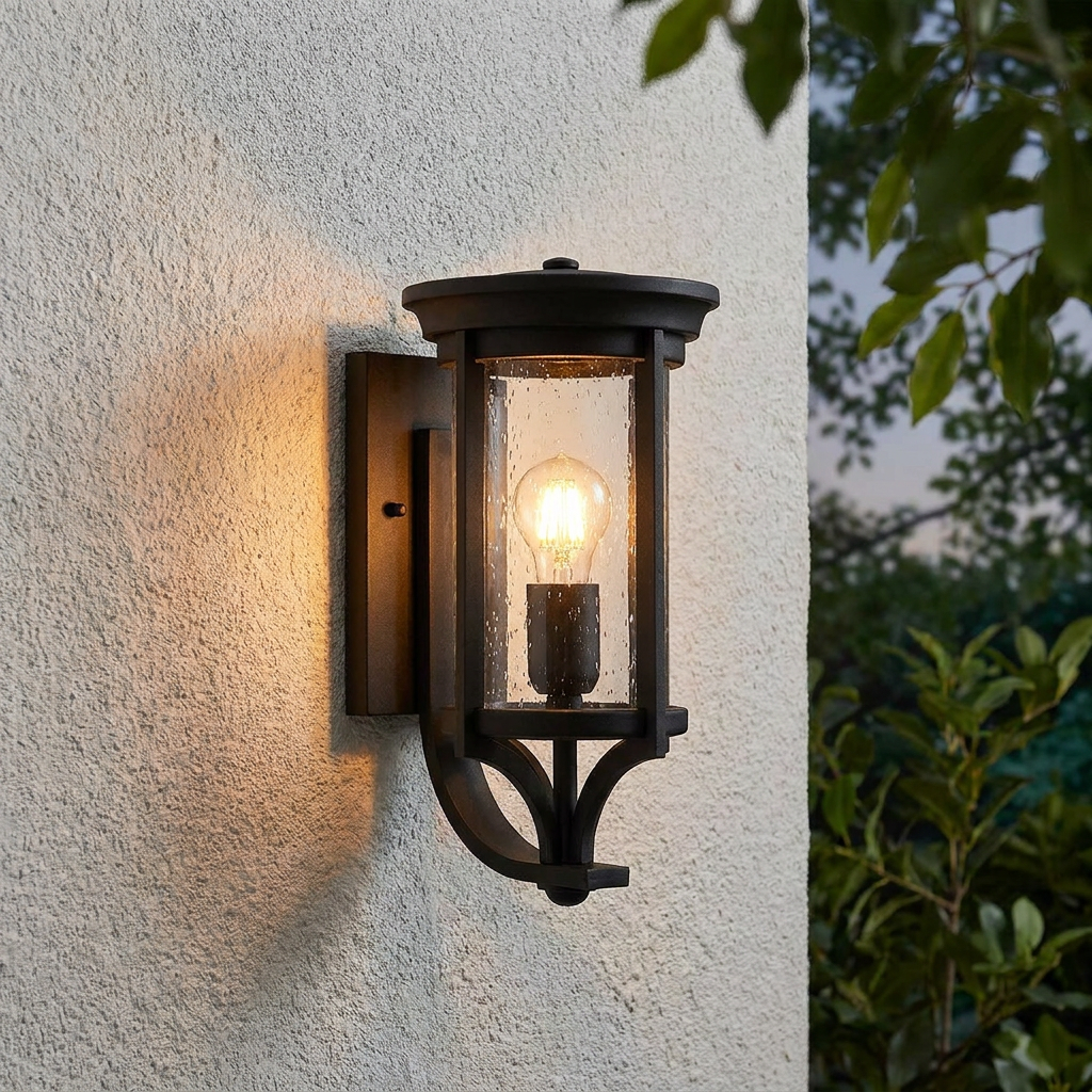 Merrill black outdoor wall lantern with a seeded glass cylinder illuminated on a light stucco wall.