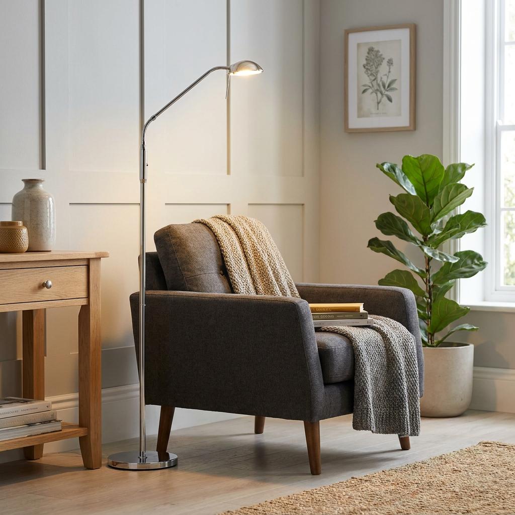 Chrome floor reading lamp illuminates a grey armchair in a neutral living room with panelled walls.