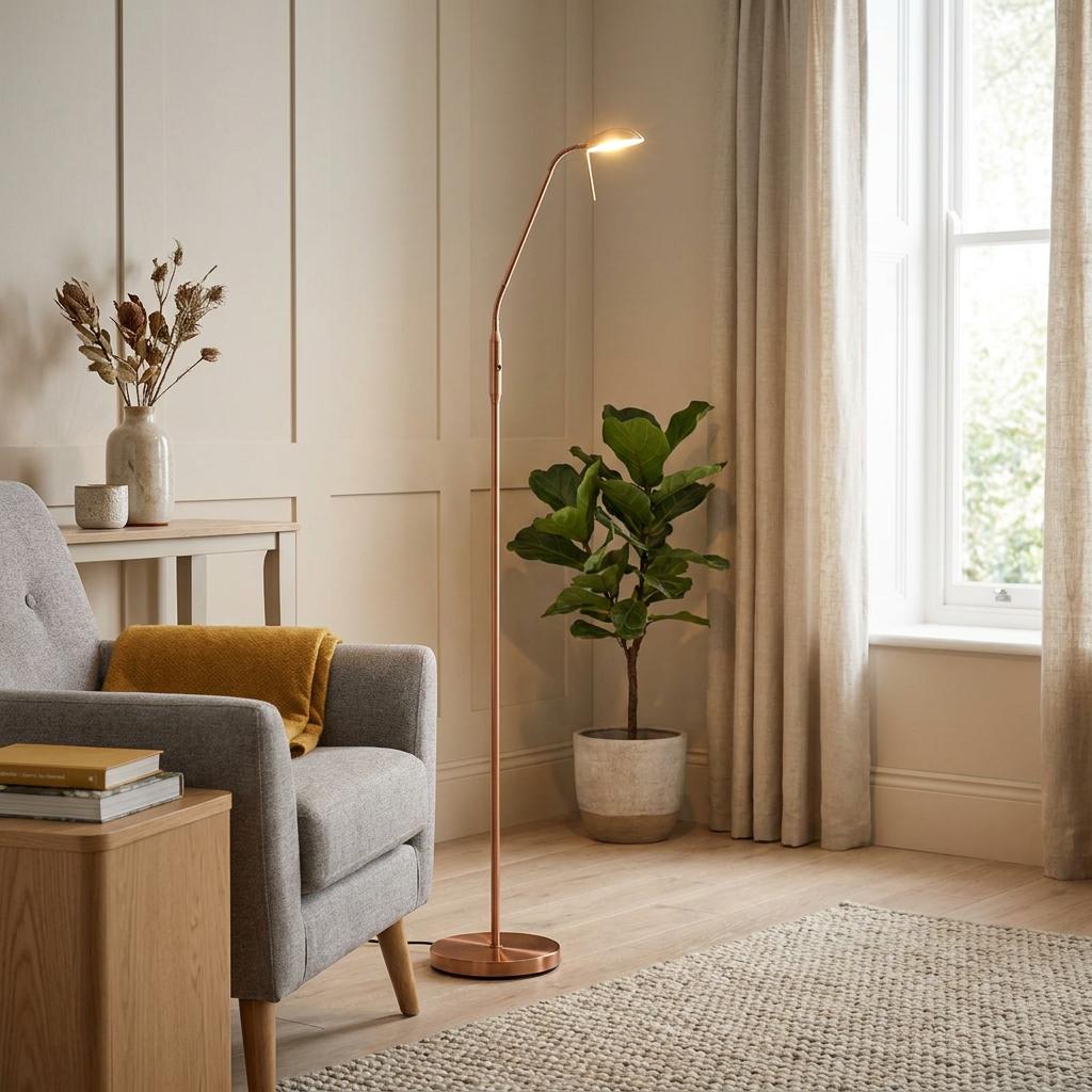 Sleek Metis copper floor reading lamp with a curved neck positioned next to a grey armchair in a neutral living room.