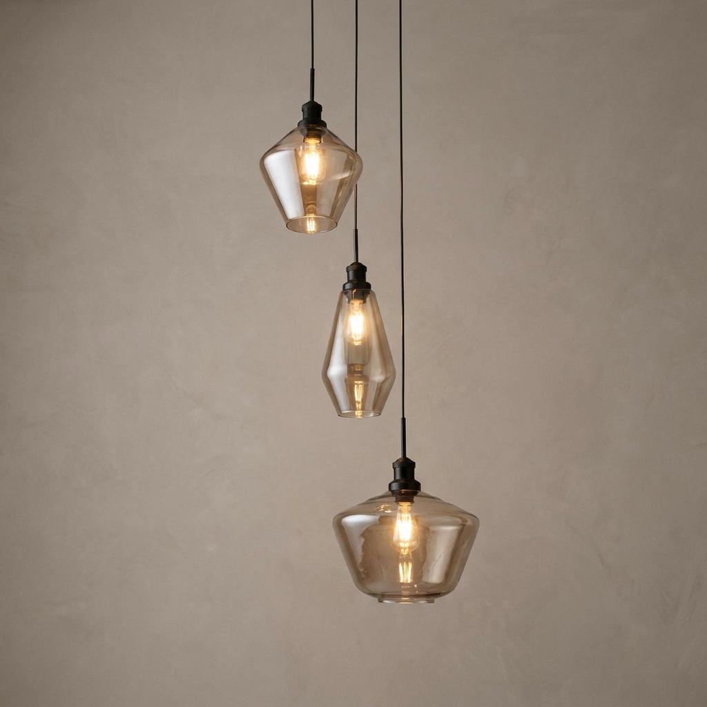 A three-light multi-drop pendant with amber smoked glass shades hanging against a neutral textured wall.