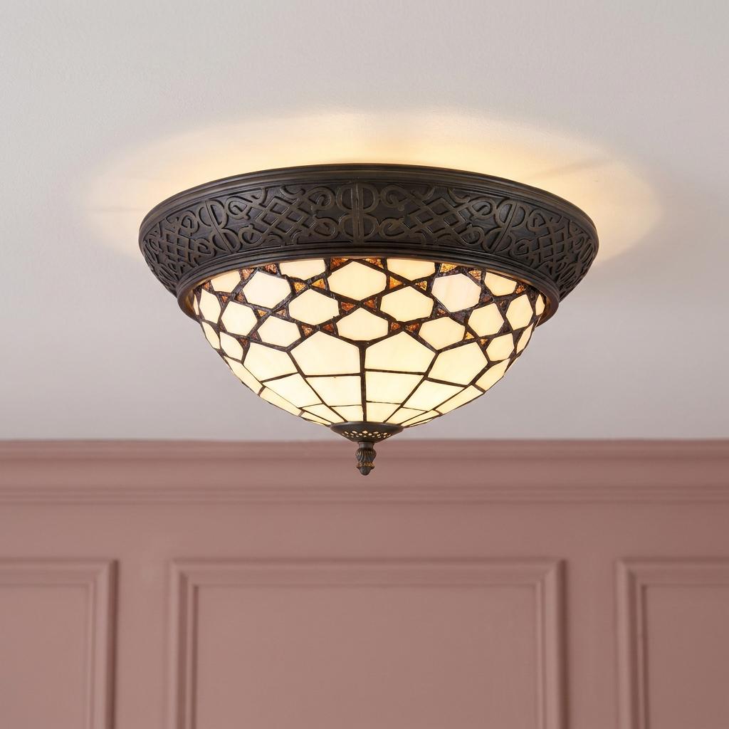 Miami Flush Tiffany Ceiling Light with geometric cream glass and ornate dark bronze trim on a white ceiling.