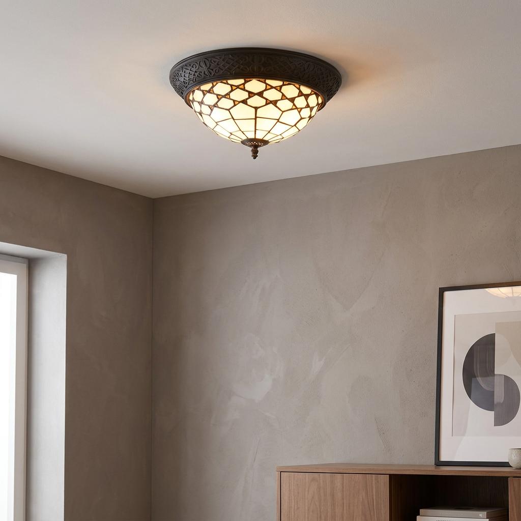 A geometric Miami Flush Tiffany Ceiling Light mounted on the ceiling of a modern, neutrally decorated room.