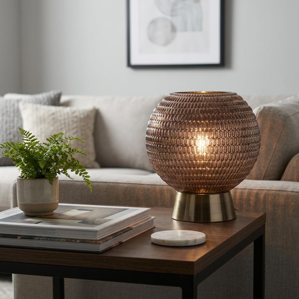 Mila table lamp with brown textured glass and antique brass base glowing on a wooden side table in a living room.