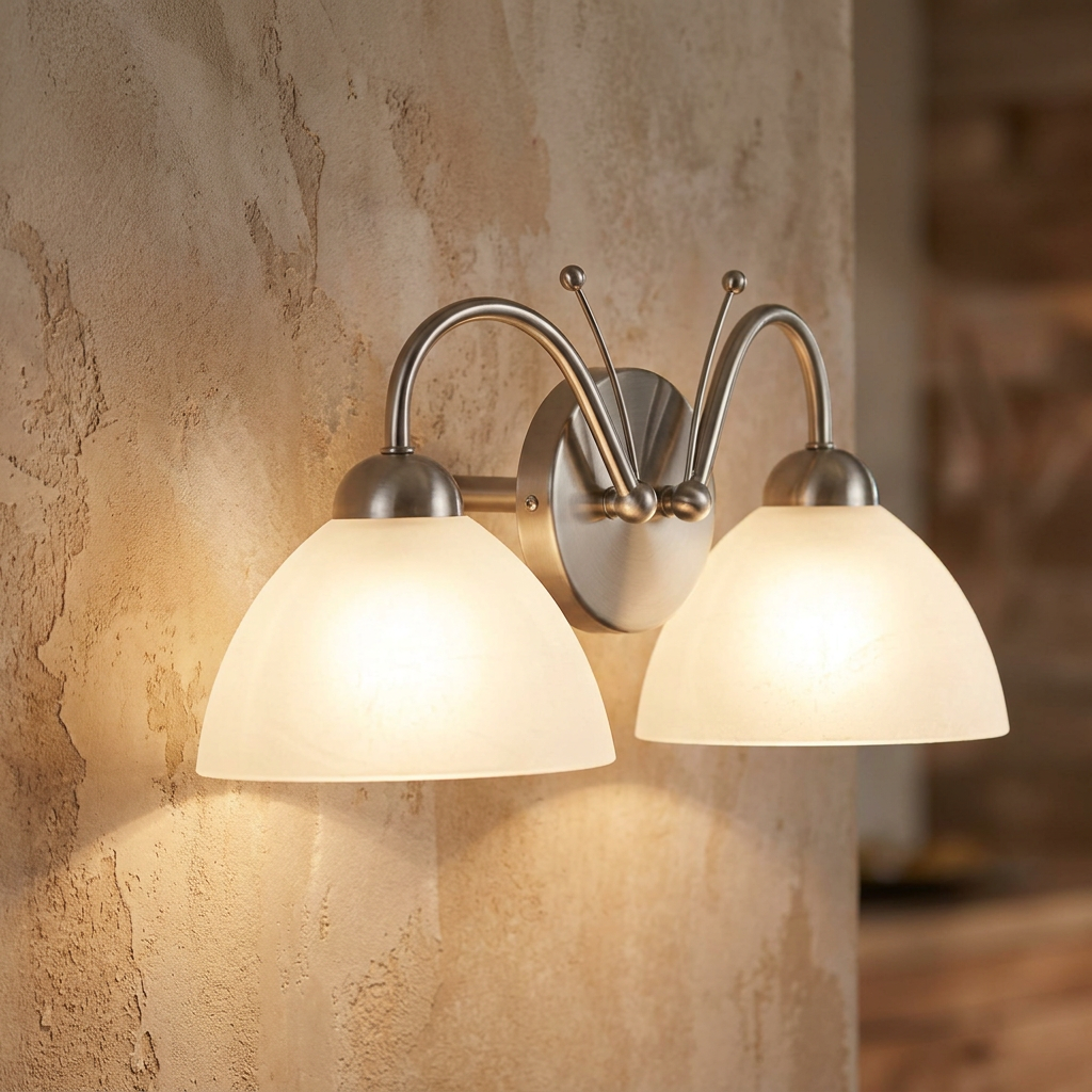 Milanese 2-light wall fixture in satin silver with alabaster glass shades, glowing on a rustic wall.