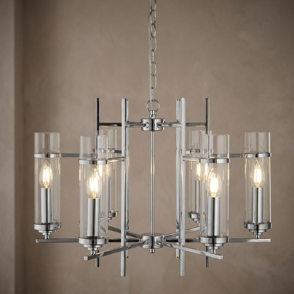 Modern chrome six-light ceiling pendant featuring tall clear glass cylinder shades and a geometric frame.