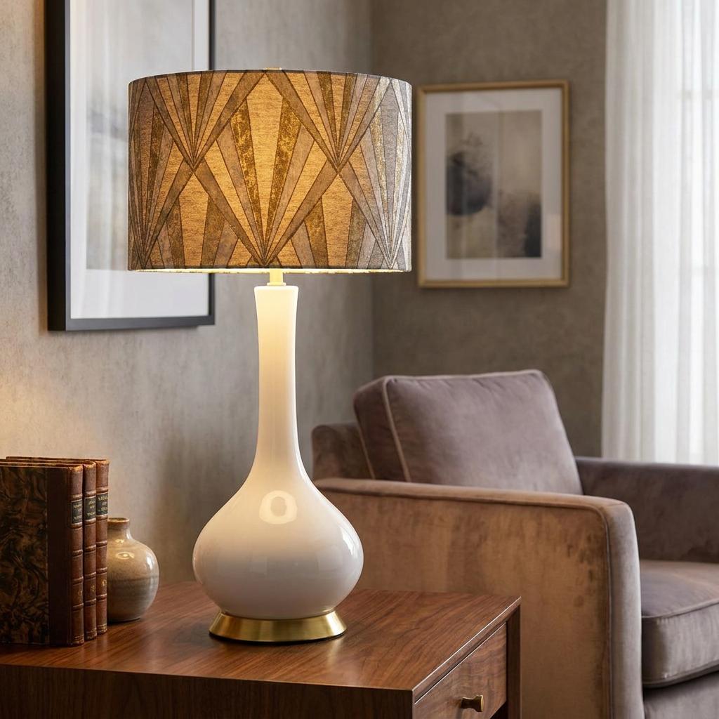Milo white ceramic table lamp with a geometric pattern shade on a wooden side table in a warm living room.