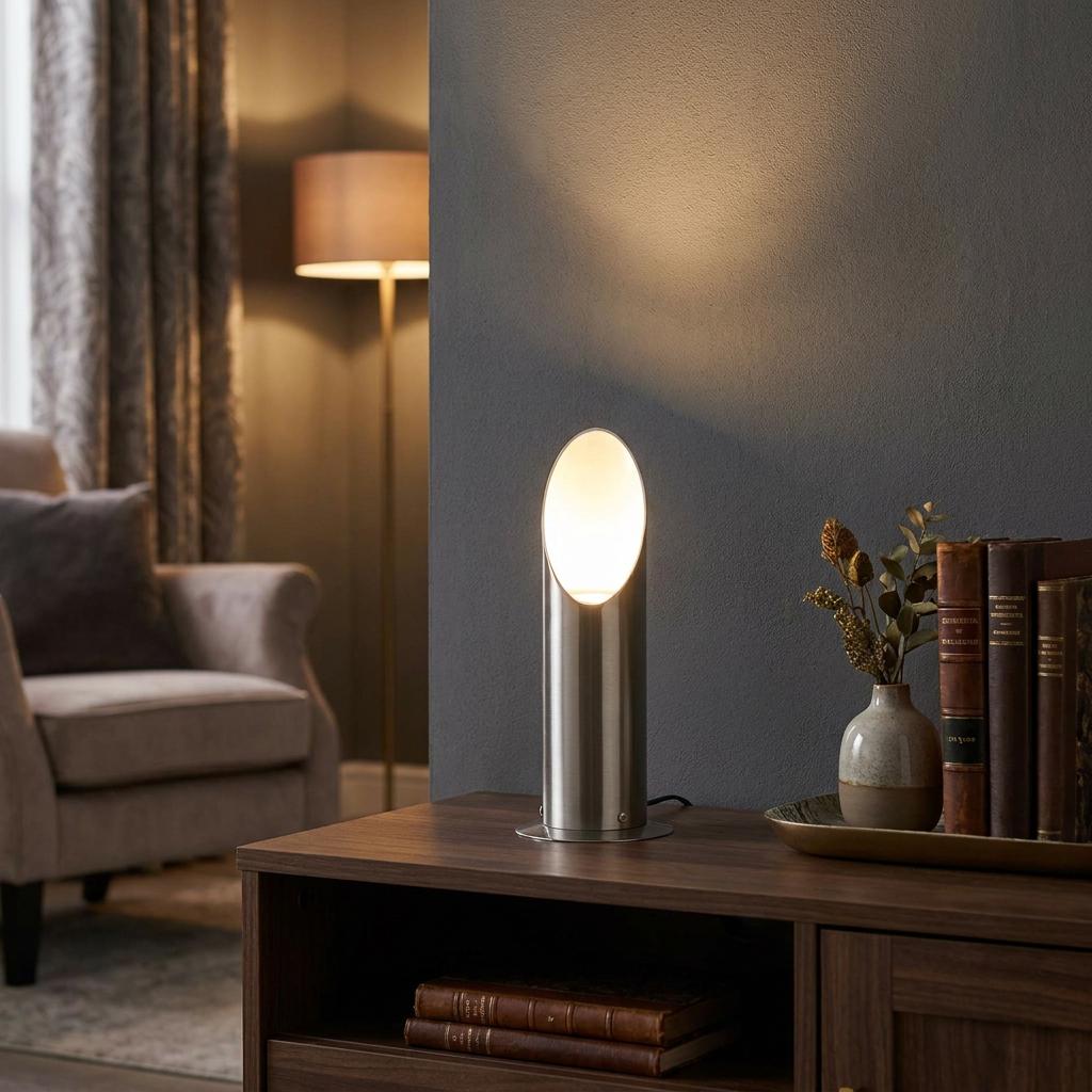 Mini antique chrome uplighter on a wooden sideboard, casting a warm glow against a grey wall in a living room.