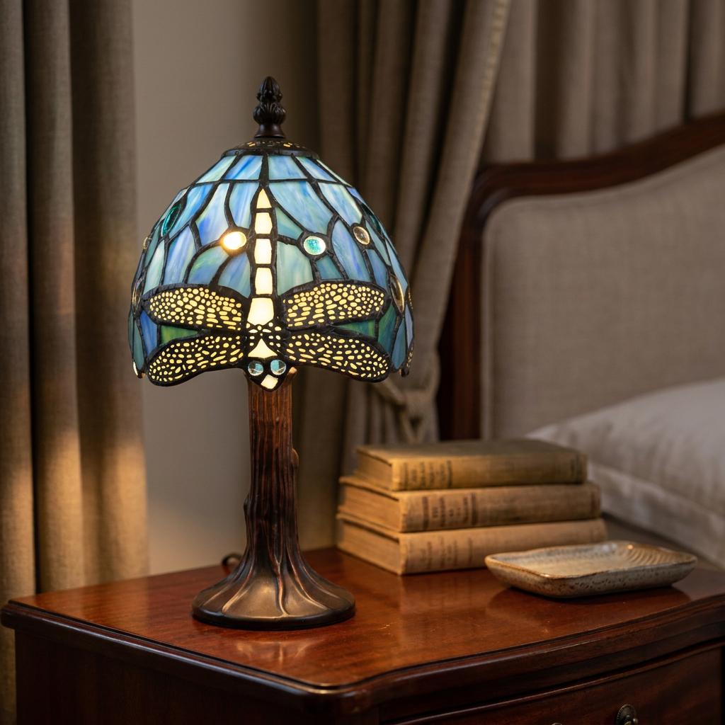 Blue dragonfly Tiffany lamp illuminated on a dark wood bedside table next to books in a cozy bedroom setting.