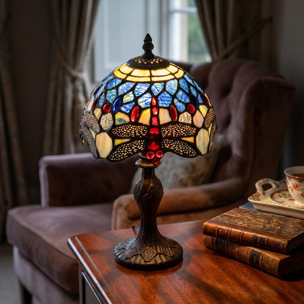 Glowing blue dragonfly Tiffany table lamp on a wooden table beside antique books in a classic interior.
