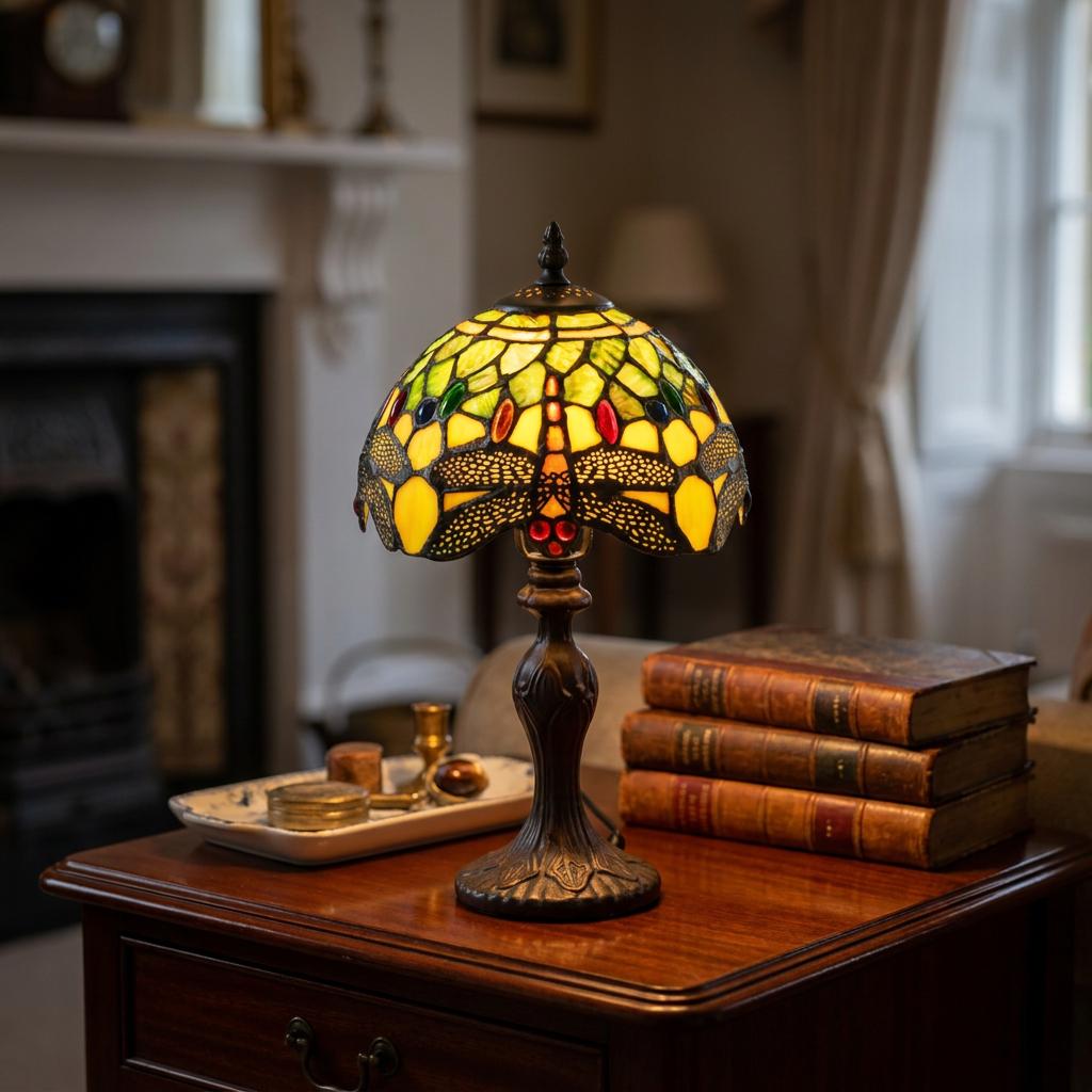 Minster Green Dragonfly Tiffany table lamp glowing on a wooden table next to antique books in a cozy room.