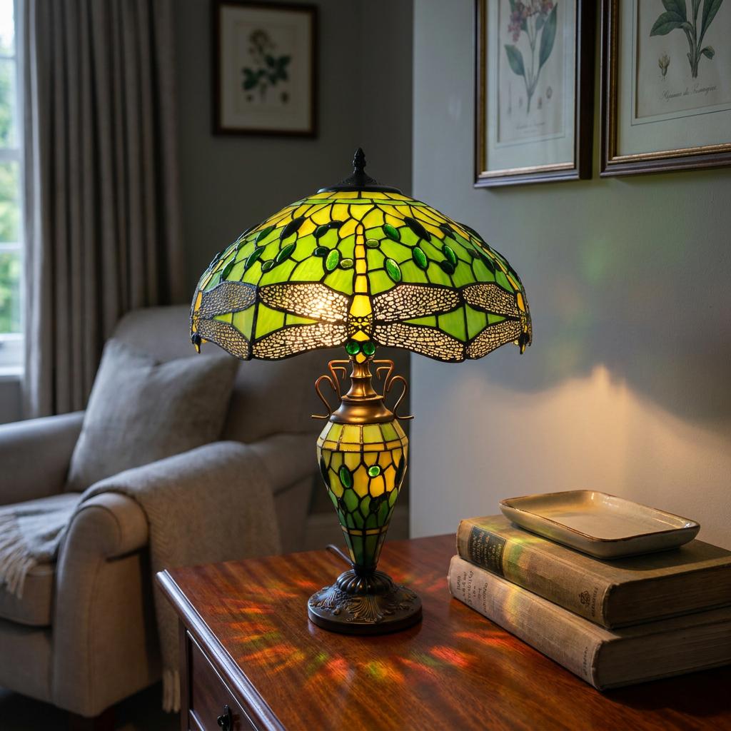 Minster Green Tiffany dragonfly table lamp with an illuminated stained glass shade on a wooden table.