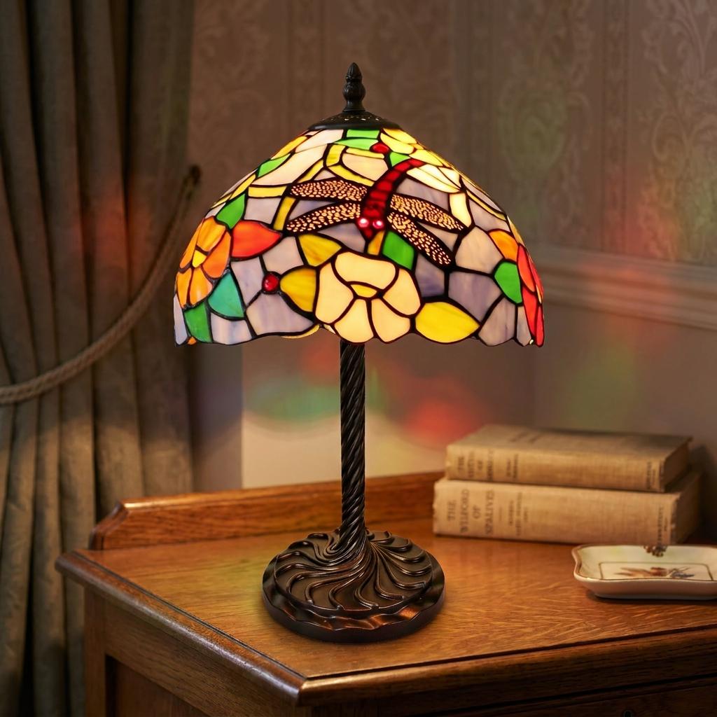A Tiffany style table lamp featuring a colorful dragonfly stained glass shade resting on a wooden side table.