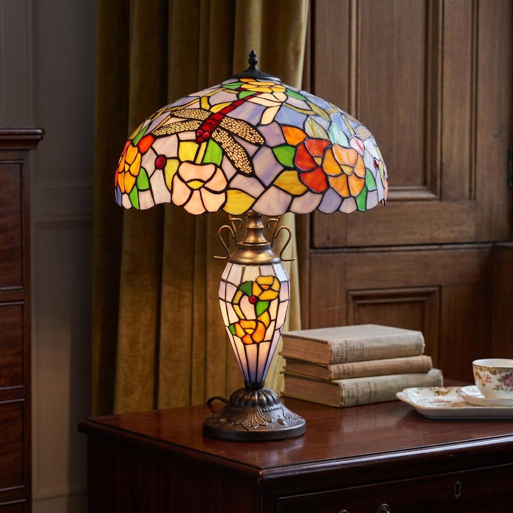 A decorative Tiffany-style table lamp with a dragonfly and floral glass shade on a wooden desk.