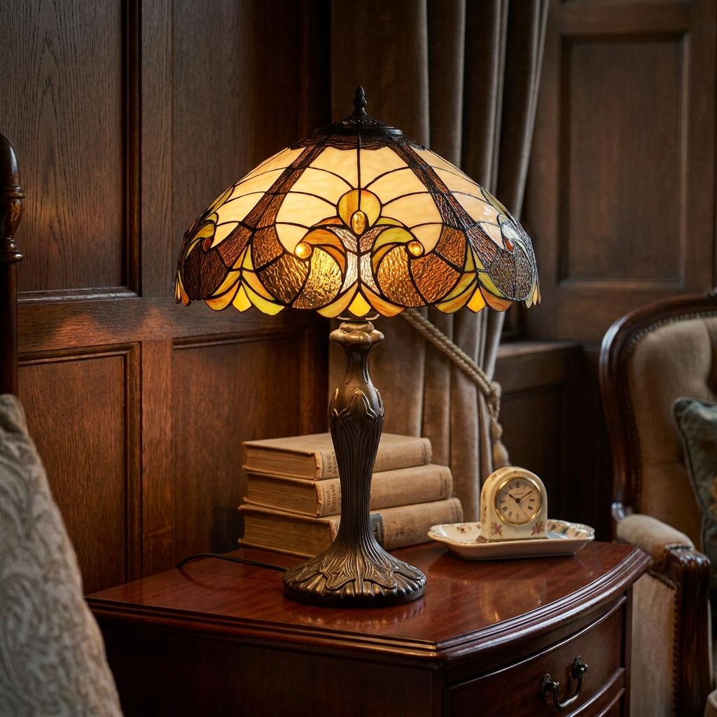 Minster Kingham 16 inch Tiffany table lamp with a stained glass shade on a dark wooden side table.